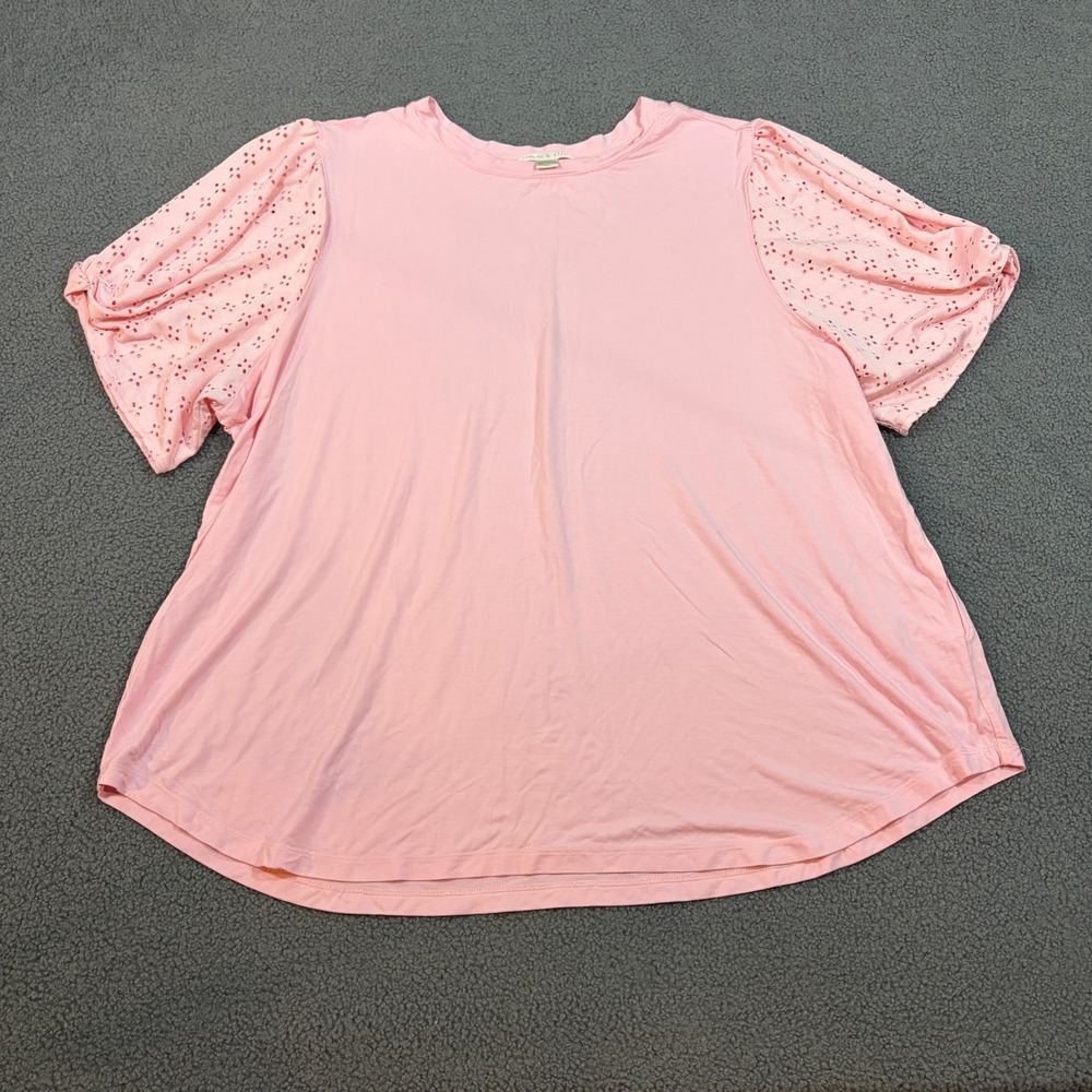 Cooper & Ella Top Womens 2X Pink Eyelet Puff Sleeve Knit Blouse Casual Romantic